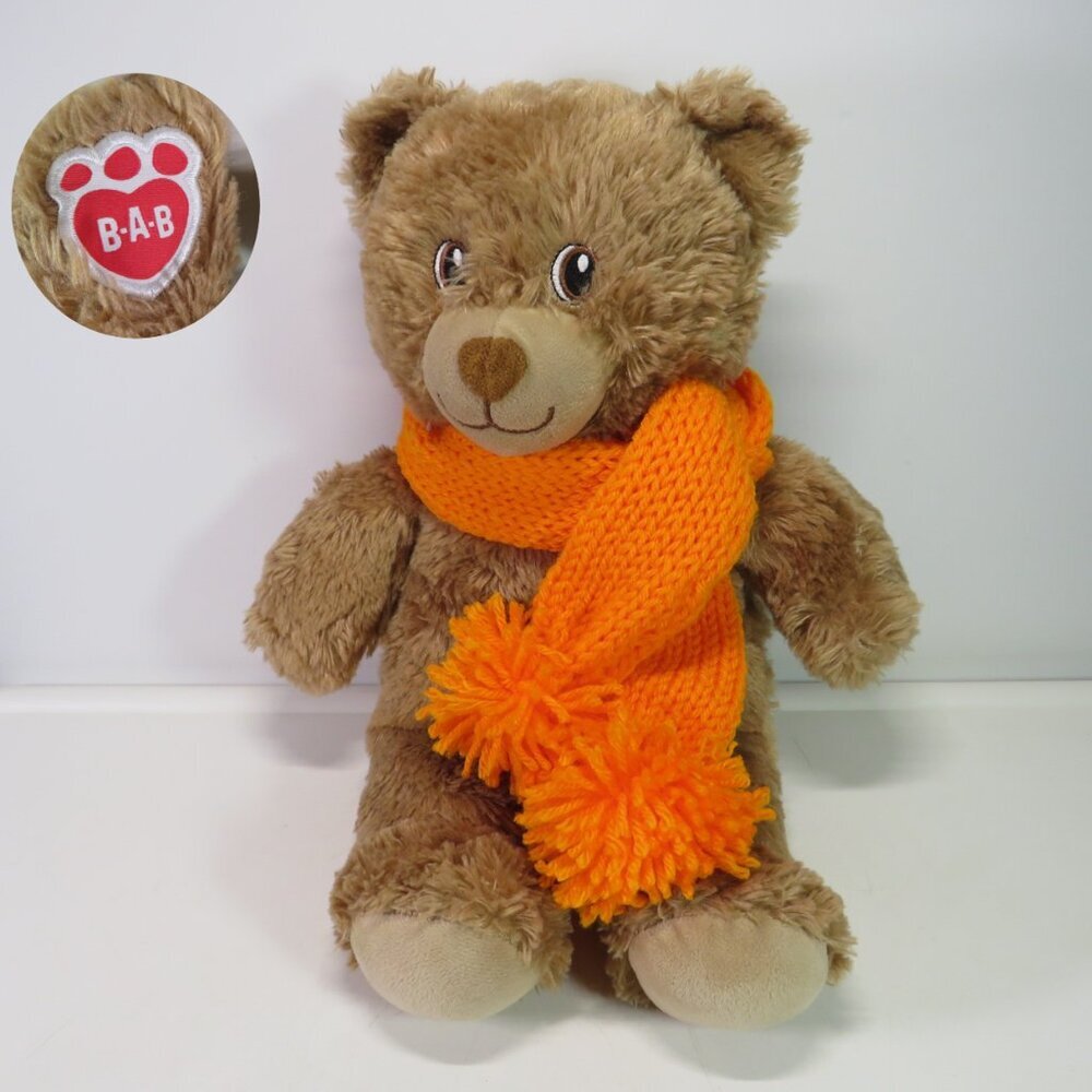 Tan Teddy Bear Build A Bear w LOGO patch plush w knitted orange scarf w pompoms